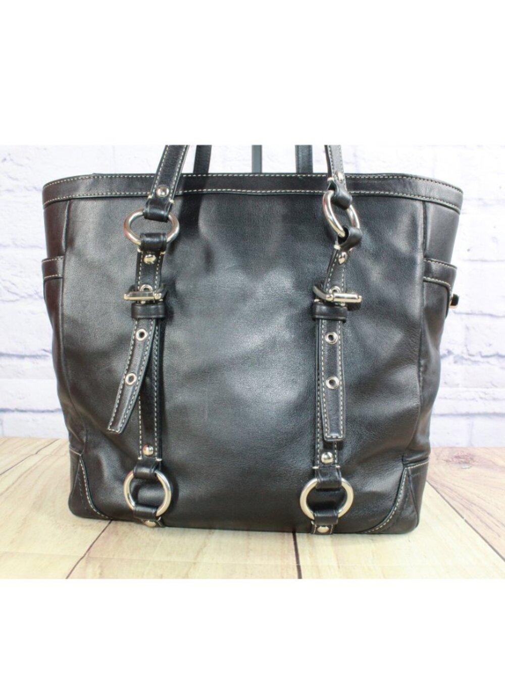 Coach Gallery Lunch Tall Tote Shoulder Bag Purse F11524 Black Leather Buckle - Picture 2 of 10
